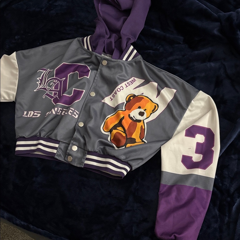 Purple and Gray Varsity Jacket with Bear Patch